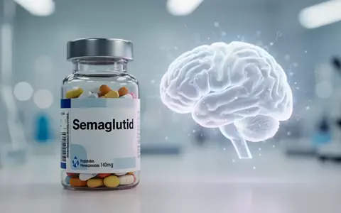 Nahaufnahme einer Semaglutid-Pillendose neben einem stilisierten, leuchtenden Gehirnsymbol in einer Laborumgebung. - Foto: über boerse-global.de