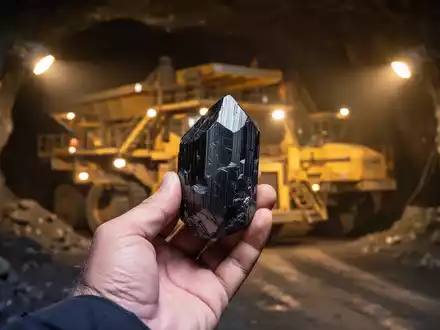 Eine Hand hält einen Graphitkristall vor dem unscharfen Hintergrund eines Goldminenbetriebs. - Foto: über boerse-global.de