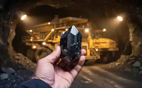 Eine Hand hält einen Graphitkristall vor dem unscharfen Hintergrund eines Goldminenbetriebs. - Foto: über boerse-global.de