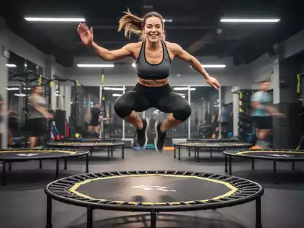 Eine Person springt dynamisch auf einem Mini-Trampolin während eines Jumping Fitness Trainings in einem modernen Fitnessstudio. - Foto: über boerse-global.de