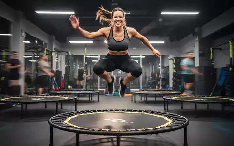 Eine Person springt dynamisch auf einem Mini-Trampolin während eines Jumping Fitness Trainings in einem modernen Fitnessstudio. - Foto: über boerse-global.de