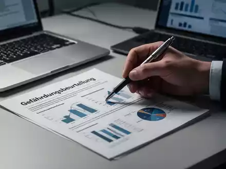 Eine Hand mit Stift zeigt auf ein Dokument zur Gefährdungsbeurteilung auf einem Schreibtisch mit Laptop. - Foto: über boerse-global.de