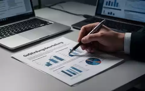 Eine Hand mit Stift zeigt auf ein Dokument zur Gefährdungsbeurteilung auf einem Schreibtisch mit Laptop. - Foto: über boerse-global.de