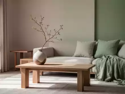 Ein minimalistisches Japandi-Wohnzimmer mit klaren Linien, Holzmöbeln und einer gedämpften Farbpalette aus Grau- und Beigetönen. - Foto: über boerse-global.de