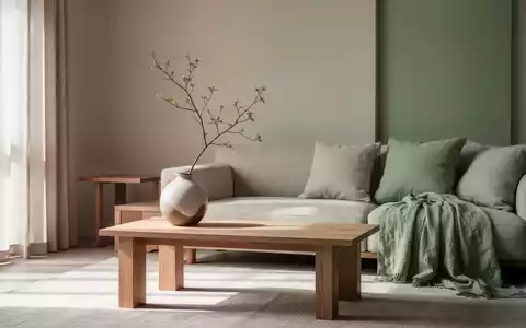Ein minimalistisches Japandi-Wohnzimmer mit klaren Linien, Holzmöbeln und einer gedämpften Farbpalette aus Grau- und Beigetönen. - Foto: über boerse-global.de