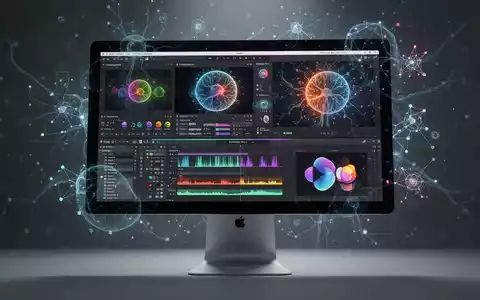 Schlanker Apple-Monitor zeigt kreative Software-Oberflächen mit KI-Netzwerk-Grafiken. - Foto: über boerse-global.de
