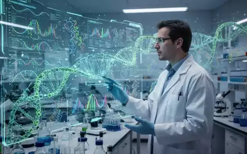 Wissenschaftler in Laborkittel beobachtet komplexe Genomdaten auf holografischer Schnittstelle mit DNA-Strängen und Proteinstrukturen. - Foto: über boerse-global.de