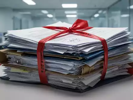 Ein Nahaufnahme-Bild zeigt einen Stapel bürokratischer Dokumente, die mit rotem Band zusammengebunden sind, vor einem unscharfen Bürohintergrund. - Foto: über boerse-global.de