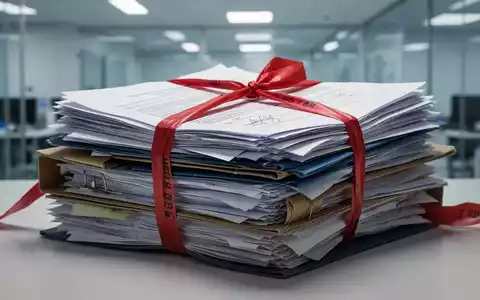 Ein Nahaufnahme-Bild zeigt einen Stapel bürokratischer Dokumente, die mit rotem Band zusammengebunden sind, vor einem unscharfen Bürohintergrund. - Foto: über boerse-global.de