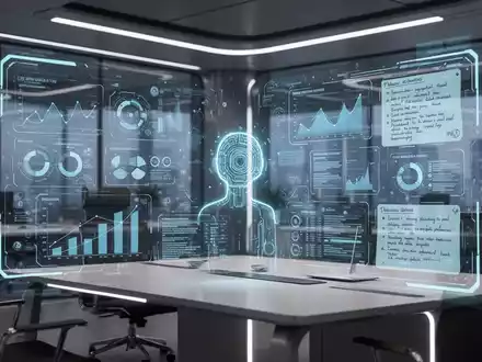 Ein futuristisches Büro mit einer schwebenden holografischen Benutzeroberfläche, die Daten, Diagramme und Besprechungsnotizen anzeigt. - Foto: über boerse-global.de