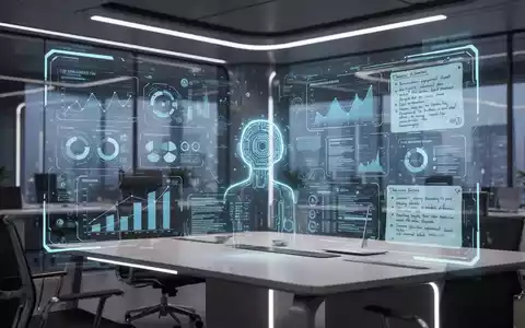 Ein futuristisches Büro mit einer schwebenden holografischen Benutzeroberfläche, die Daten, Diagramme und Besprechungsnotizen anzeigt. - Foto: über boerse-global.de