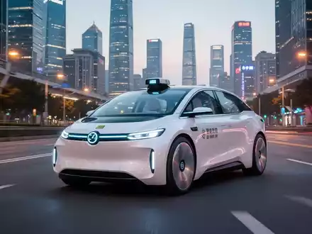 Ein weißes autonomes Robotaxi fährt auf einer modernen Straße in Shenzhen, China, mit verschwommenen Stadtlichtern und Wolkenkratzern im Hintergrund. - Foto: über boerse-global.de