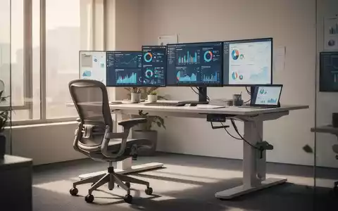 Ein moderner, ergonomischer Arbeitsplatz mit Stehpult, ergonomischem Stuhl und mehreren Bildschirmen in einem hellen Büro. - Foto: über boerse-global.de