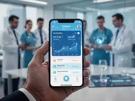 Nahaufnahme einer Hand, die ein Smartphone mit einer Gesundheits-App hält, im Hintergrund verschwommenes Büro oder medizinisches Umfeld. - Foto: über boerse-global.de