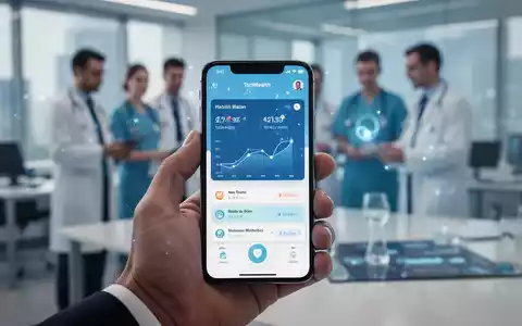 Nahaufnahme einer Hand, die ein Smartphone mit einer Gesundheits-App hält, im Hintergrund verschwommenes Büro oder medizinisches Umfeld. - Foto: über boerse-global.de