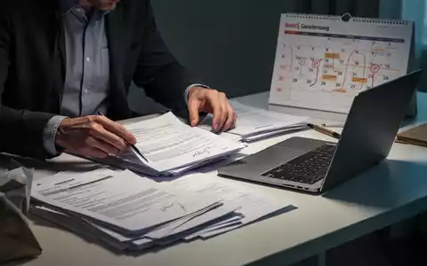 Eine Person sortiert Dokumente und einen Laptop auf einem Schreibtisch, mit einem Kalender im Hintergrund, der Termine anzeigt. - Foto: über boerse-global.de