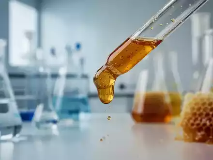 Ein goldbrauner Propolis-Tropfen an einer Glaspipette in einem Laborhintergrund mit wissenschaftlichen Geräten und Waben. - Foto: über boerse-global.de