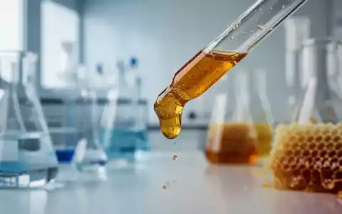 Ein goldbrauner Propolis-Tropfen an einer Glaspipette in einem Laborhintergrund mit wissenschaftlichen Geräten und Waben. - Foto: über boerse-global.de