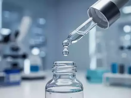 Nahaufnahme einer Augentropfenflasche, die einen Tropfen vor einem unscharfen Hintergrund von medizinischer Forschungsausrüstung abgibt. - Foto: über boerse-global.de