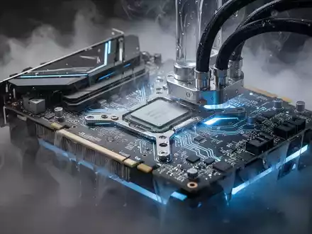 Nahaufnahme einer Hochleistungs-GPU mit komplexer Schaltung, blau leuchtend, umgeben von flüssigem Stickstoffdampf. - Foto: über boerse-global.de
