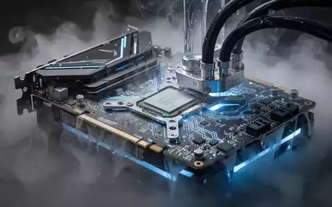 Nahaufnahme einer Hochleistungs-GPU mit komplexer Schaltung, blau leuchtend, umgeben von flüssigem Stickstoffdampf. - Foto: über boerse-global.de