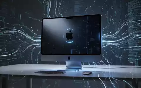 Ein Mac Studio Computer auf einem Schreibtisch, umgeben von abstrakten digitalen Datenströmen, die leistungsstarke lokale KI-Verarbeitung symbolisieren. - Foto: über boerse-global.de