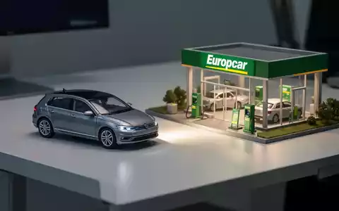 Ein stilisiertes Miniaturauto (Volkswagen) neben einem Miniatur-Mietwagenpark (Europcar) auf einem Schreibtisch. - Foto: über boerse-global.de
