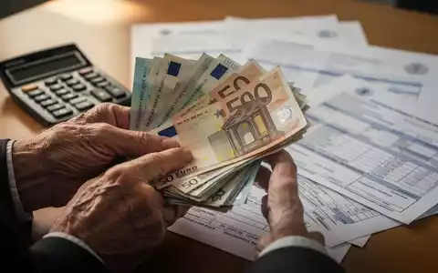 Hände halten Euro-Banknoten, mit einem Taschenrechner und Rentenpapieren im Hintergrund. Symbolisiert Renten- und Lohnanpassungen. - Foto: über boerse-global.de