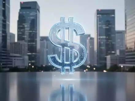 Leuchtendes digitales USD-Symbol schwebt über reflektierender Oberfläche, verschwommene Skyline im Hintergrund, Symbol für finanzielle Innovation. - Foto: über boerse-global.de