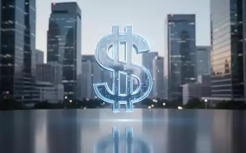 Leuchtendes digitales USD-Symbol schwebt über reflektierender Oberfläche, verschwommene Skyline im Hintergrund, Symbol für finanzielle Innovation. - Foto: über boerse-global.de