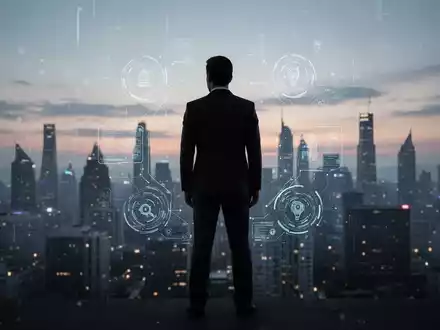 Eine Führungskraft steht bei Sonnenuntergang vor einer verschwommenen Stadtkulisse, umgeben von subtilen digitalen Elementen, die Resilienz und Transformation symbolisieren. - Foto: über boerse-global.de
