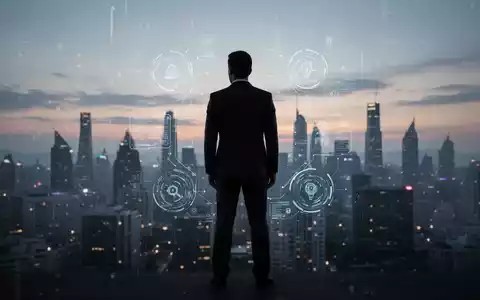 Eine Führungskraft steht bei Sonnenuntergang vor einer verschwommenen Stadtkulisse, umgeben von subtilen digitalen Elementen, die Resilienz und Transformation symbolisieren. - Foto: über boerse-global.de