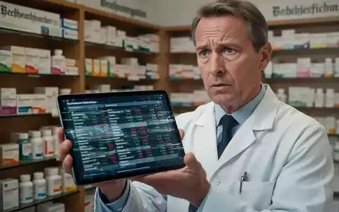 Besorgte Apothekerin mit Tablet vor Apothekenregalen. - Foto: über boerse-global.de