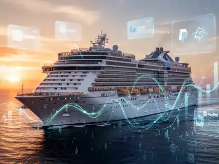 Moderne Kreuzfahrtschiff bei Sonnenuntergang mit dezenten digitalen Zahlungsschnittstellen, symbolisiert PayPal-Partnerschaft mit Virgin Voyages. - Foto: über boerse-global.de