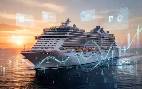 Moderne Kreuzfahrtschiff bei Sonnenuntergang mit dezenten digitalen Zahlungsschnittstellen, symbolisiert PayPal-Partnerschaft mit Virgin Voyages. - Foto: über boerse-global.de