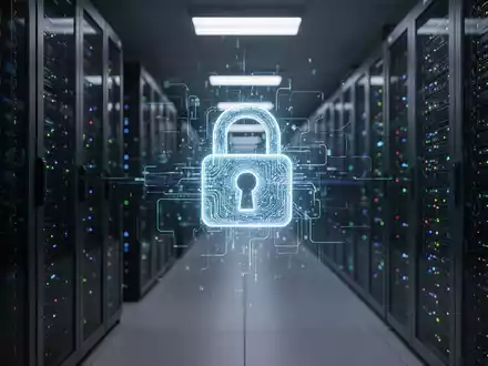 Schwach beleuchteter Serverraum mit leuchtenden Racks. Ein digitales Schloss-Symbol auf einem Bildschirm symbolisiert Cybersicherheitslücken. - Foto: über boerse-global.de