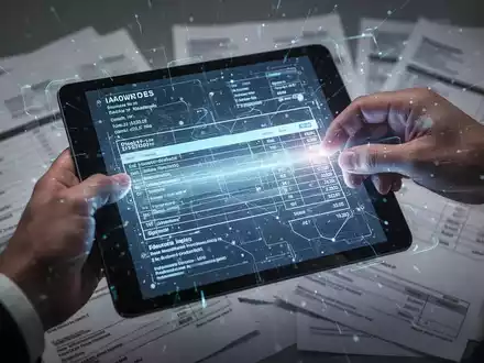 Eine Hand hält eine leuchtende digitale Rechnung auf einem Tablet, im Hintergrund verschwommene Papierrechnungen. Symbolisiert den Übergang zur E-Rechnung. - Foto: über boerse-global.de