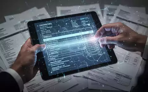 Eine Hand hält eine leuchtende digitale Rechnung auf einem Tablet, im Hintergrund verschwommene Papierrechnungen. Symbolisiert den Übergang zur E-Rechnung. - Foto: über boerse-global.de