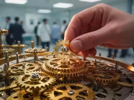 Eine Hand setzt ein kleines, glĂ€nzendes Zahnrad in ein komplexes Uhrwerk, das Reformen im Gesundheitswesen symbolisiert. - Foto: ĂŒber boerse-global.de