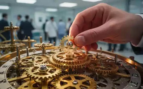 Eine Hand setzt ein kleines, glänzendes Zahnrad in ein komplexes Uhrwerk, das Reformen im Gesundheitswesen symbolisiert. - Foto: über boerse-global.de