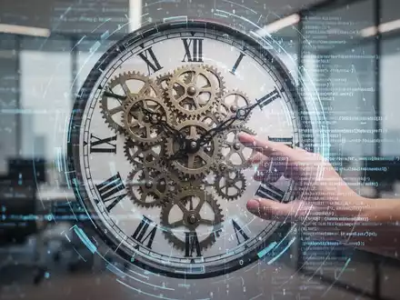 Eine stilisierte Uhr mit Zahnrädern und einem holografischen Overlay aus digitalen Daten und KI-Code. - Foto: über boerse-global.de