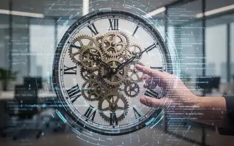 Eine stilisierte Uhr mit Zahnrädern und einem holografischen Overlay aus digitalen Daten und KI-Code. - Foto: über boerse-global.de