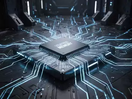 Nahaufnahme eines hochentwickelten Mikrochips mit integriertem Speicher, leuchtend blauen Datenbahnen, auf dunklem Industriehintergrund. - Foto: über boerse-global.de