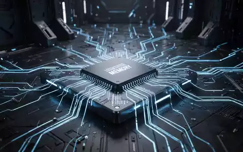 Nahaufnahme eines hochentwickelten Mikrochips mit integriertem Speicher, leuchtend blauen Datenbahnen, auf dunklem Industriehintergrund. - Foto: über boerse-global.de