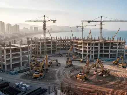Eine weitläufige Baustelle mit Kränen und teilweise fertiggestellten Gebäuden an der Küste einer Stadt. - Foto: über boerse-global.de