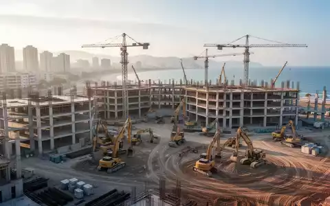 Eine weitläufige Baustelle mit Kränen und teilweise fertiggestellten Gebäuden an der Küste einer Stadt. - Foto: über boerse-global.de
