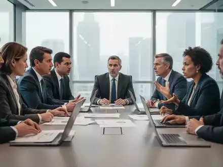 Eine Gruppe von Fachleuten diskutiert in einem modernen Konferenzraum über Dokumente und Laptops. Fokus auf Verhandlung und Debatte. - Foto: über boerse-global.de
