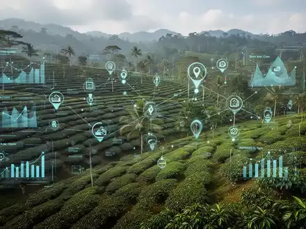 Satellitenansicht von Kaffee- und Teeplantagen mit digitalen Überlagerungen, die Lieferkettenüberwachung und Datenpunkte darstellen. - Foto: über boerse-global.de