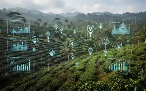 Satellitenansicht von Kaffee- und Teeplantagen mit digitalen Überlagerungen, die Lieferkettenüberwachung und Datenpunkte darstellen. - Foto: über boerse-global.de
