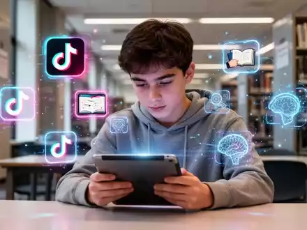 Eine junge Studentin konzentriert sich auf ein Tablet in einer modernen Universitätsbibliothek, umgeben von schwebenden holografischen Symbolen. - Foto: über boerse-global.de